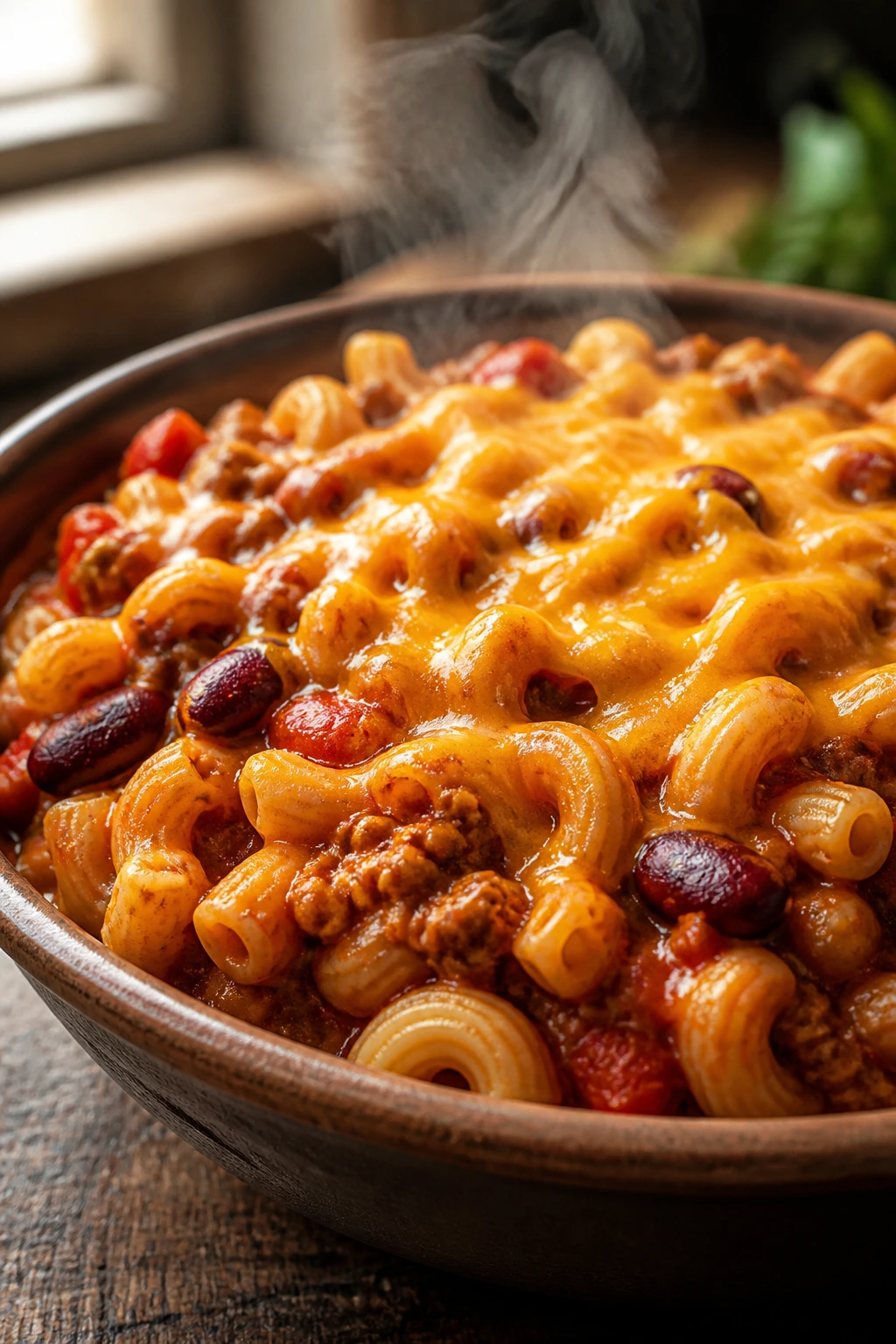 Close-up of chili mac with turkey in a bowl in a warm kitchen