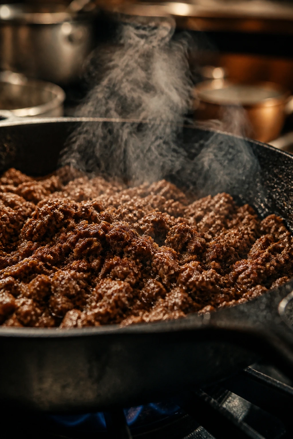 Close-up of browned chili meat in a skillet in a kitchen