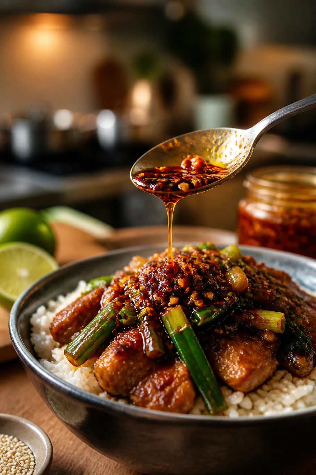Spoon with chili oil and sesame oil over a dish