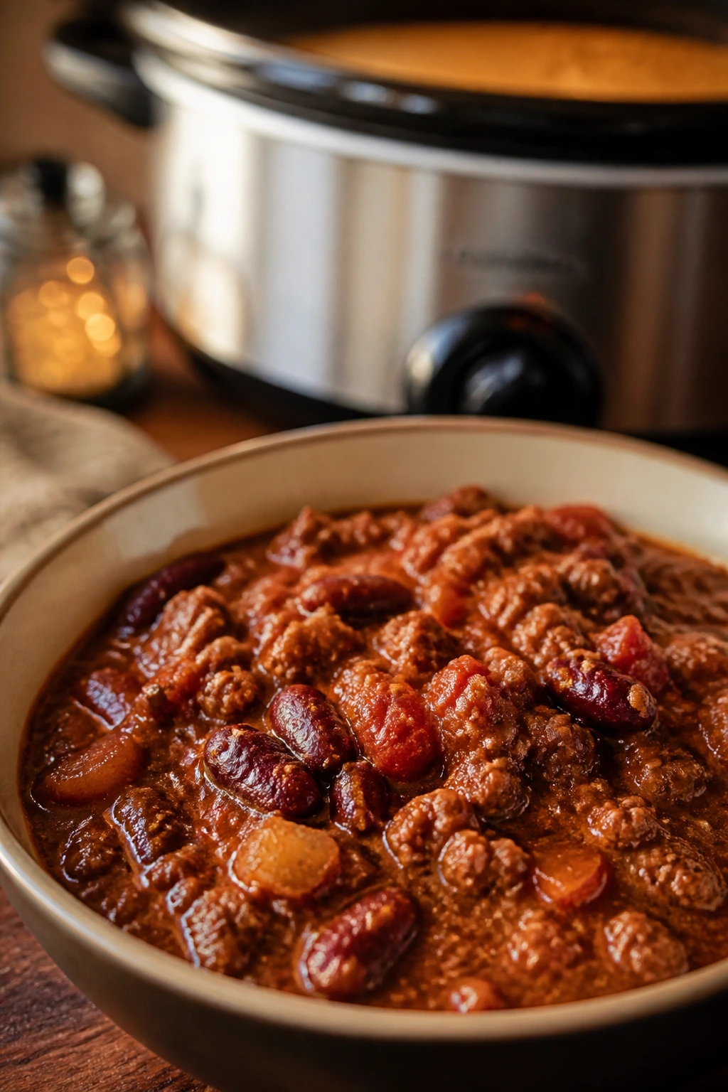 Close-up of a hearty bowl of slow cooker chili