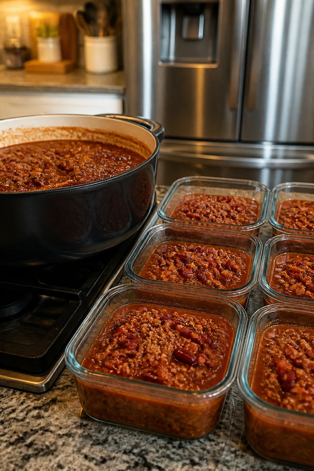 Close-up of chili in glass containers and a pot on the stove in a kitchen