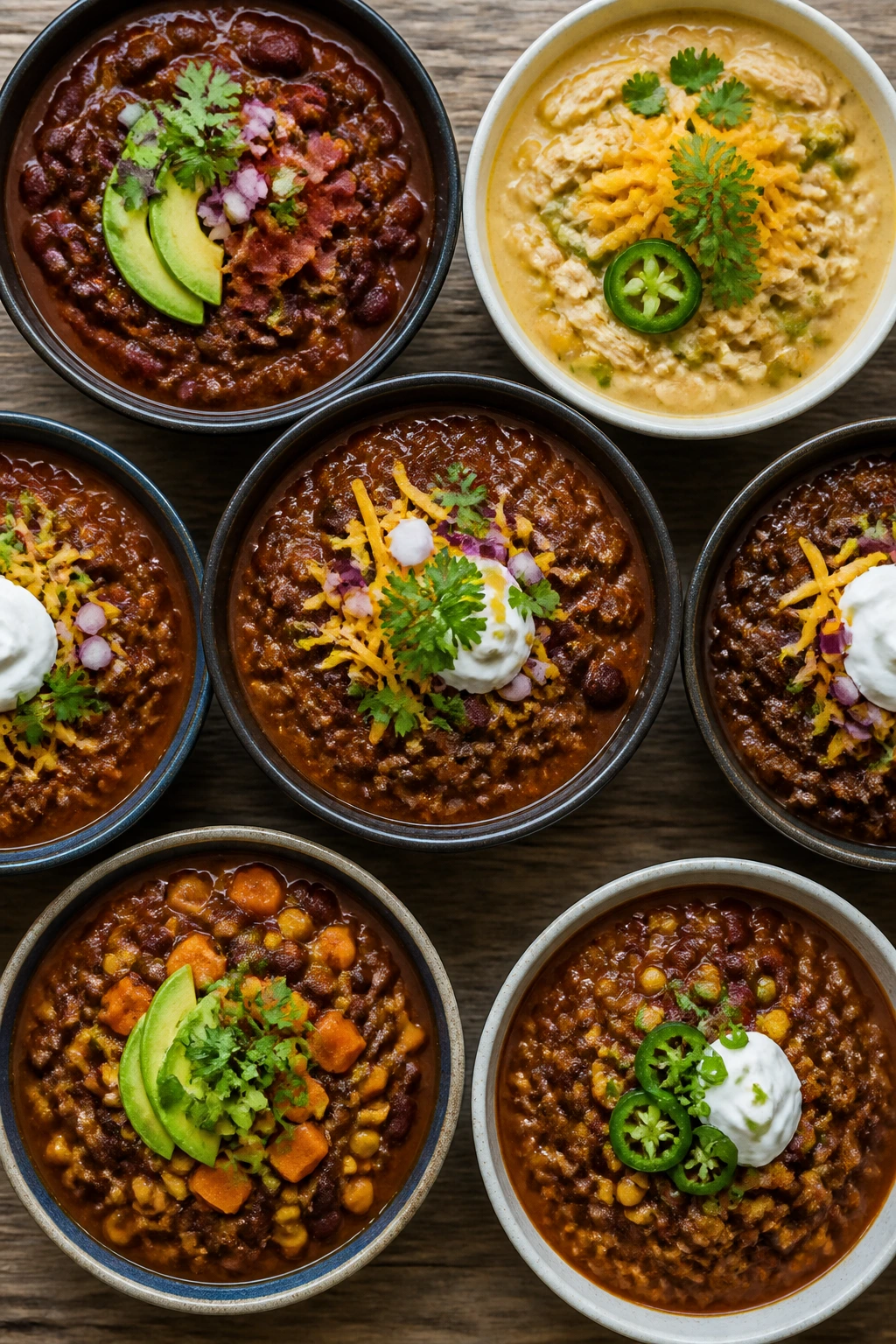 Top-down view of multiple bowls of chili varieties