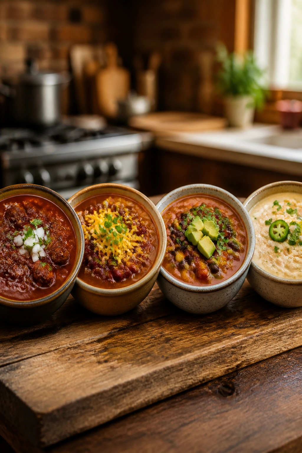 Row of bowls showing different chili variations on a wooden table