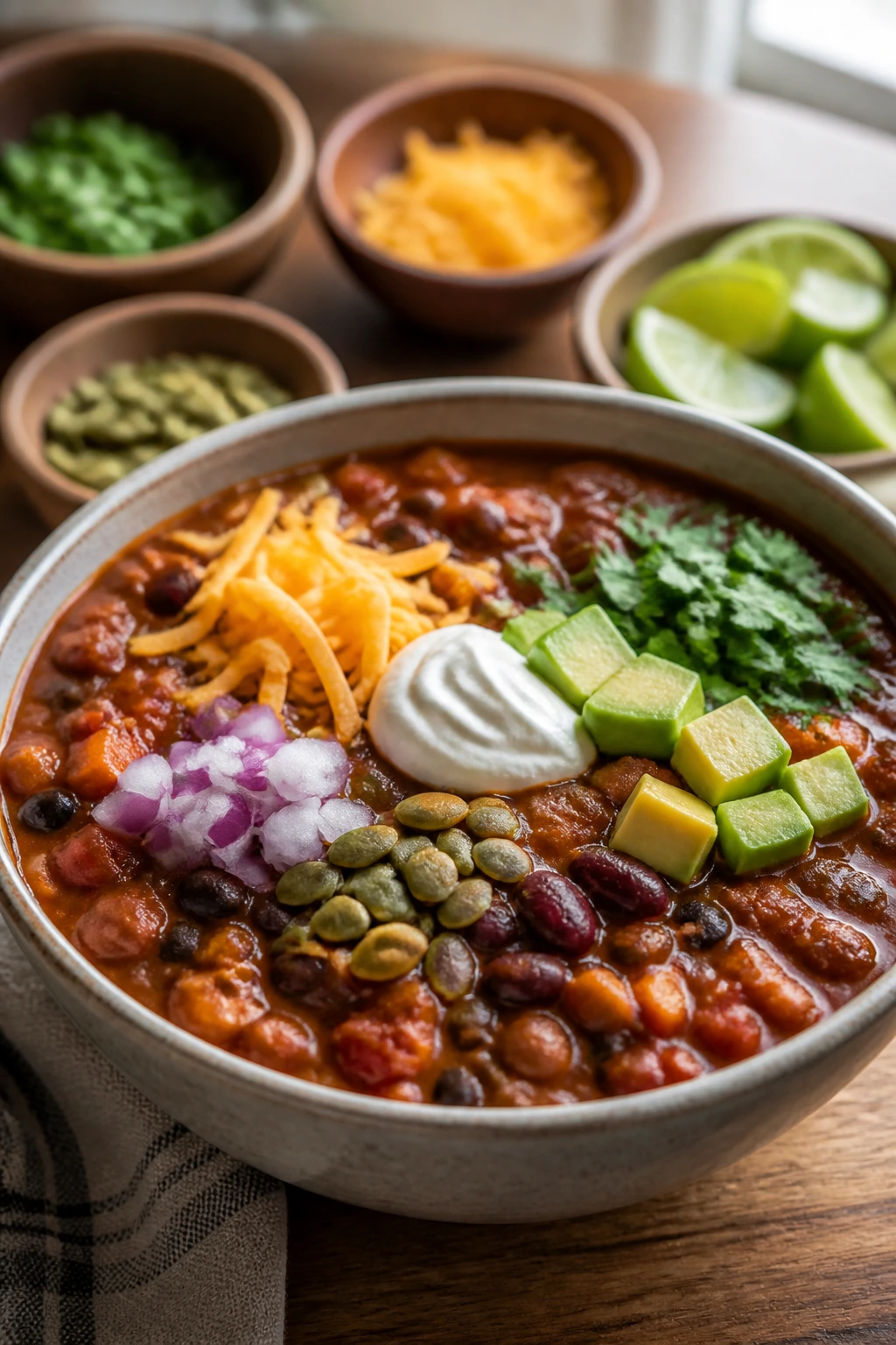 Close-up of chili with varied toppings illustrating variations