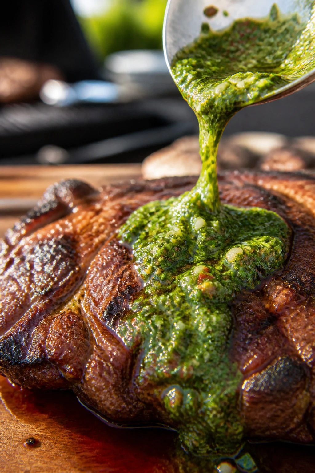 Juicy steak with chimichurri finishing close-up