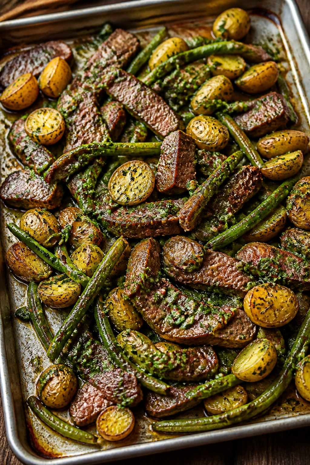 Close-up of chimichurri steak with potatoes and green beans on a sheet pan