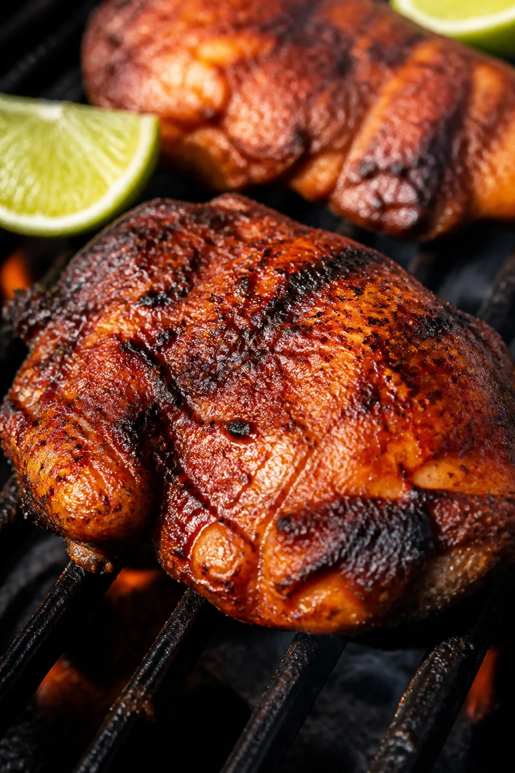 Close-up of chipotle lime grilled chicken thigh with smoky color