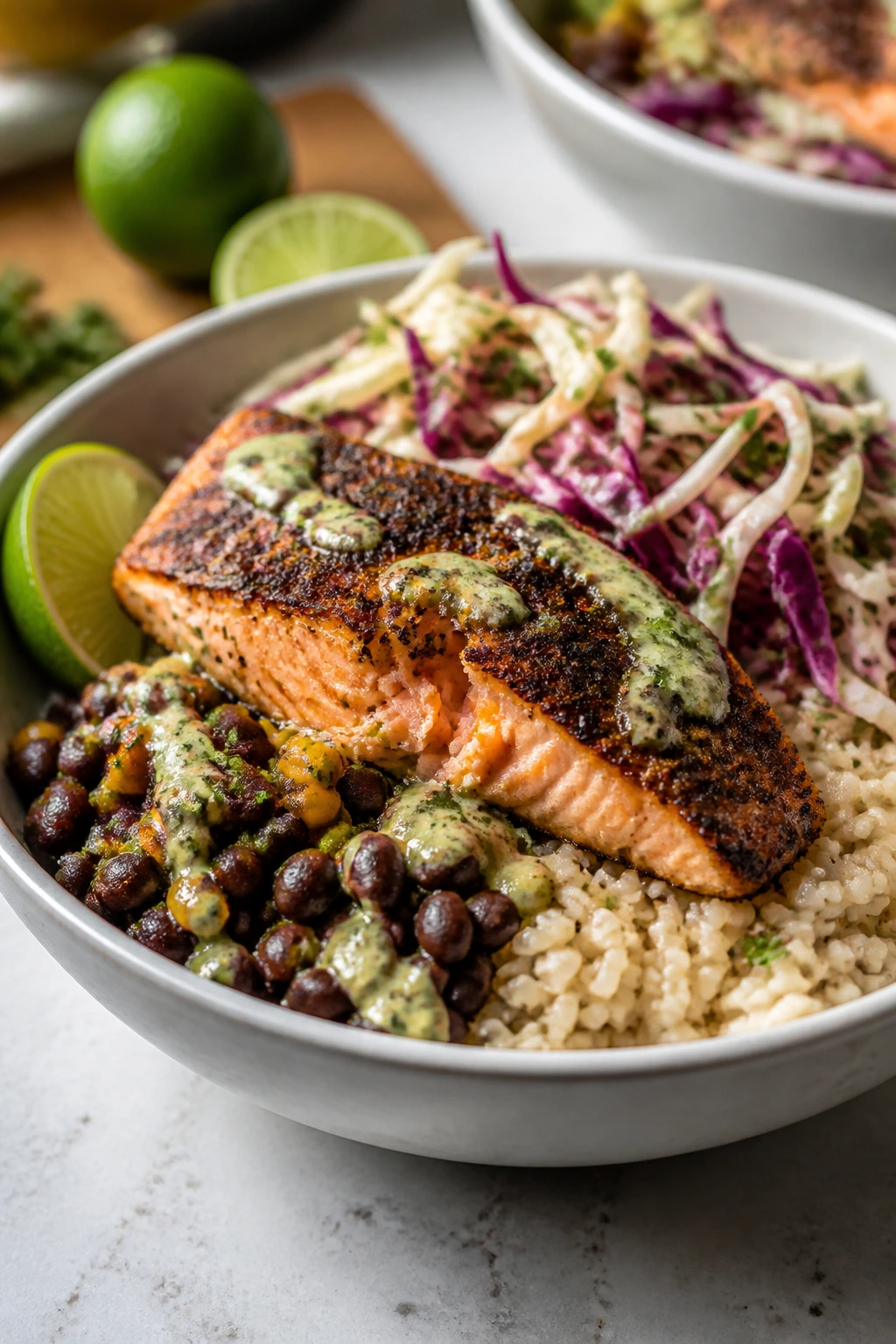 Chipotle salmon burrito bowls with cabbage slaw