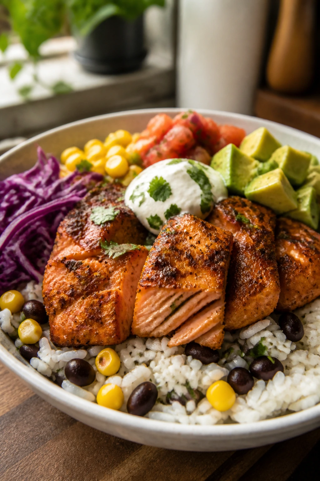 Medium close-up of a chipotle salmon burrito bowl with rice and toppings