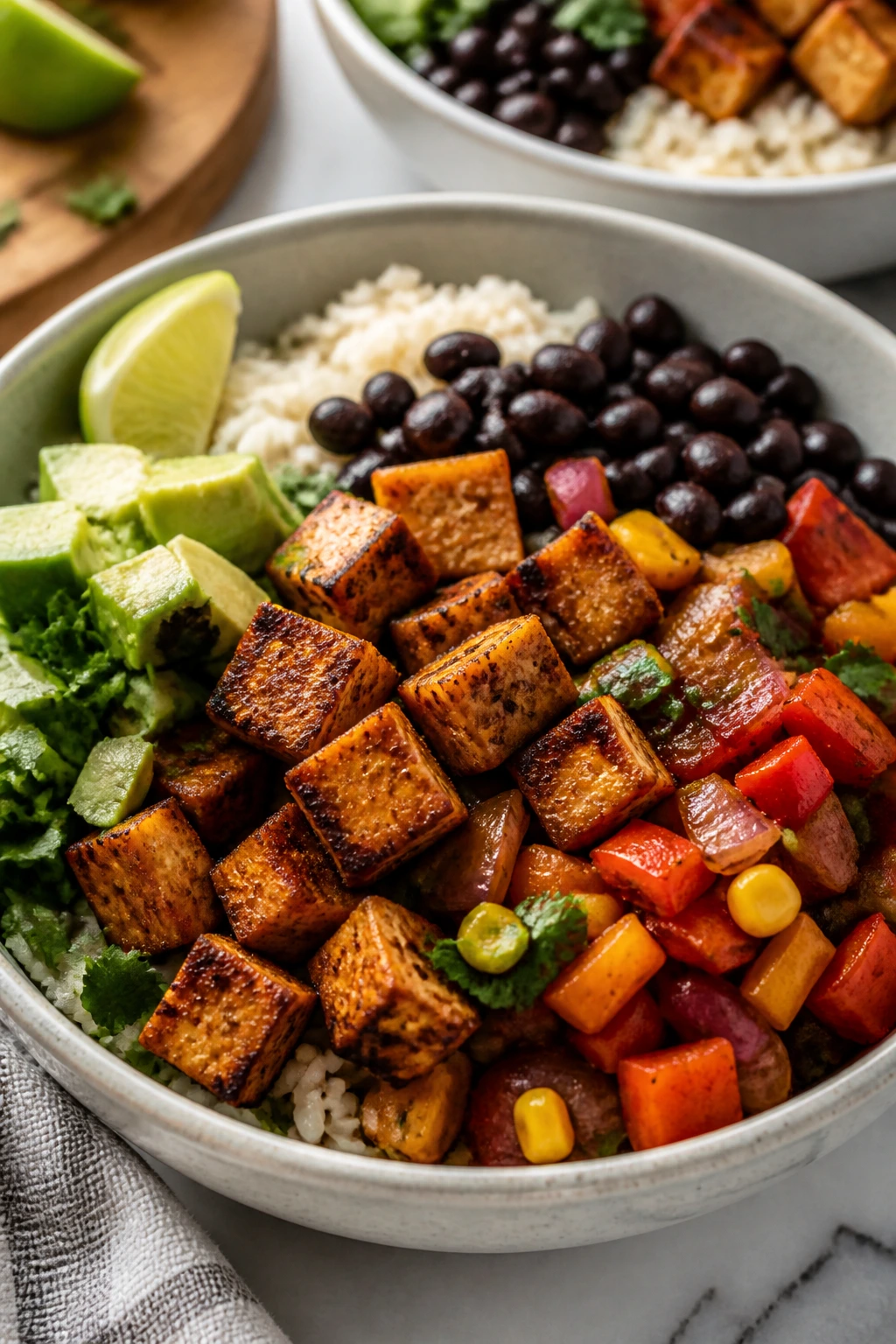 Close-up of chipotle tofu burrito bowl with rice beans and corn