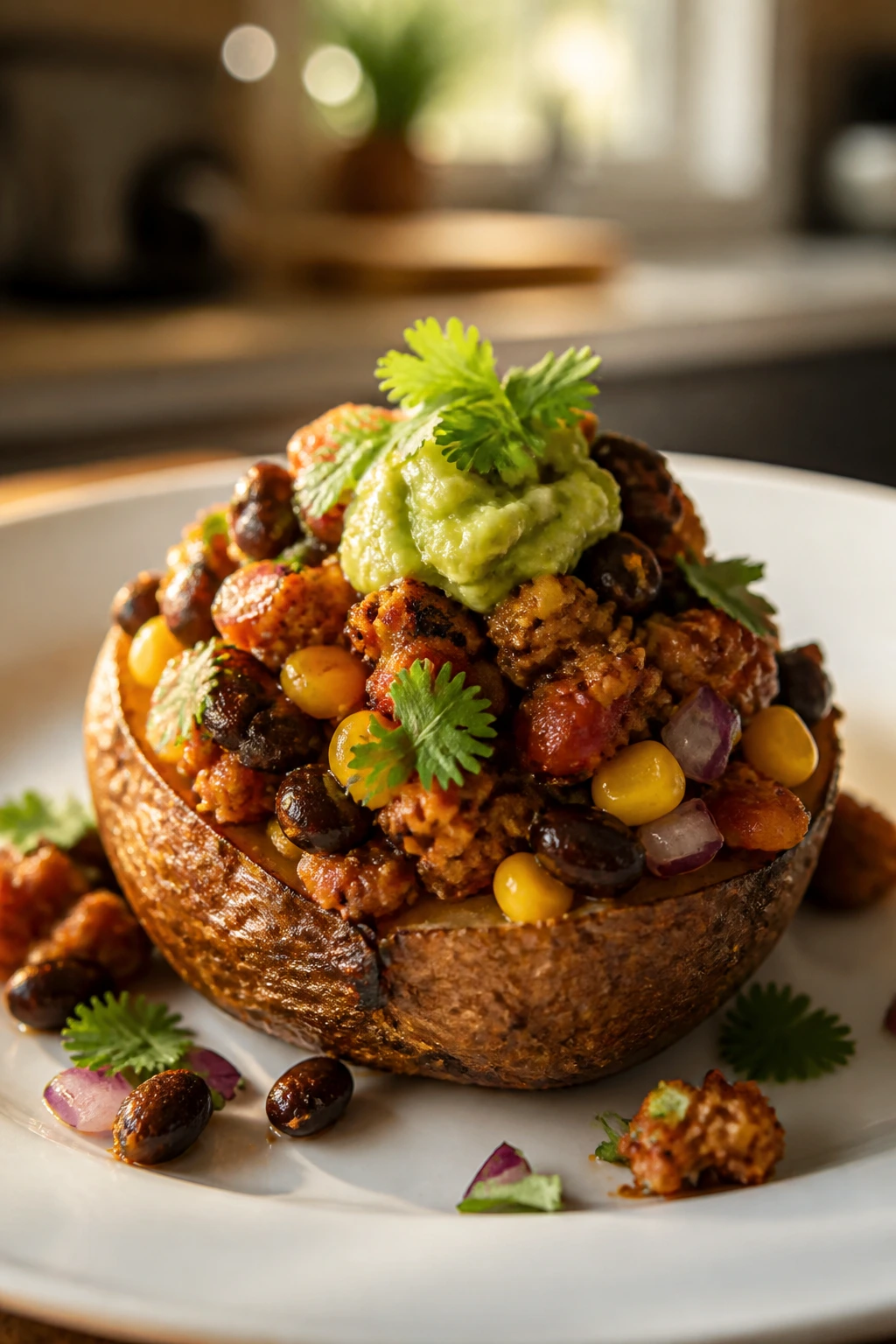 Close-up of a potato topped with chipotle turkey variation on a plate