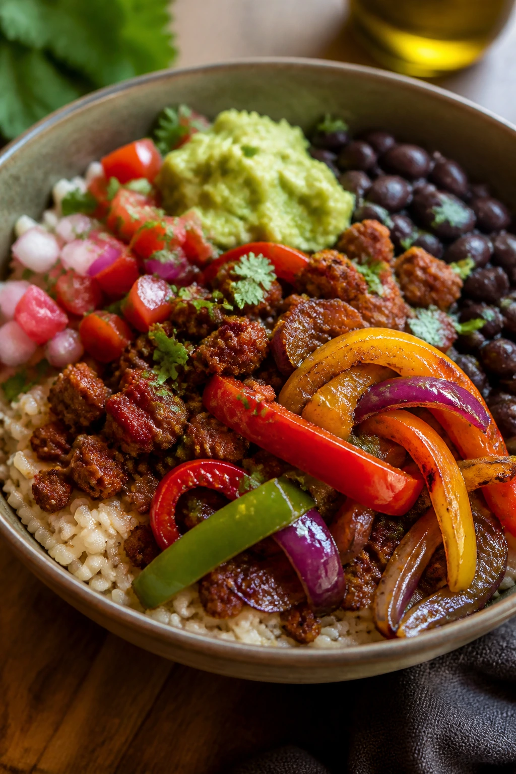 Close-up of a chorizo burrito bowl with roasted peppers, rice and beans on a wooden surface