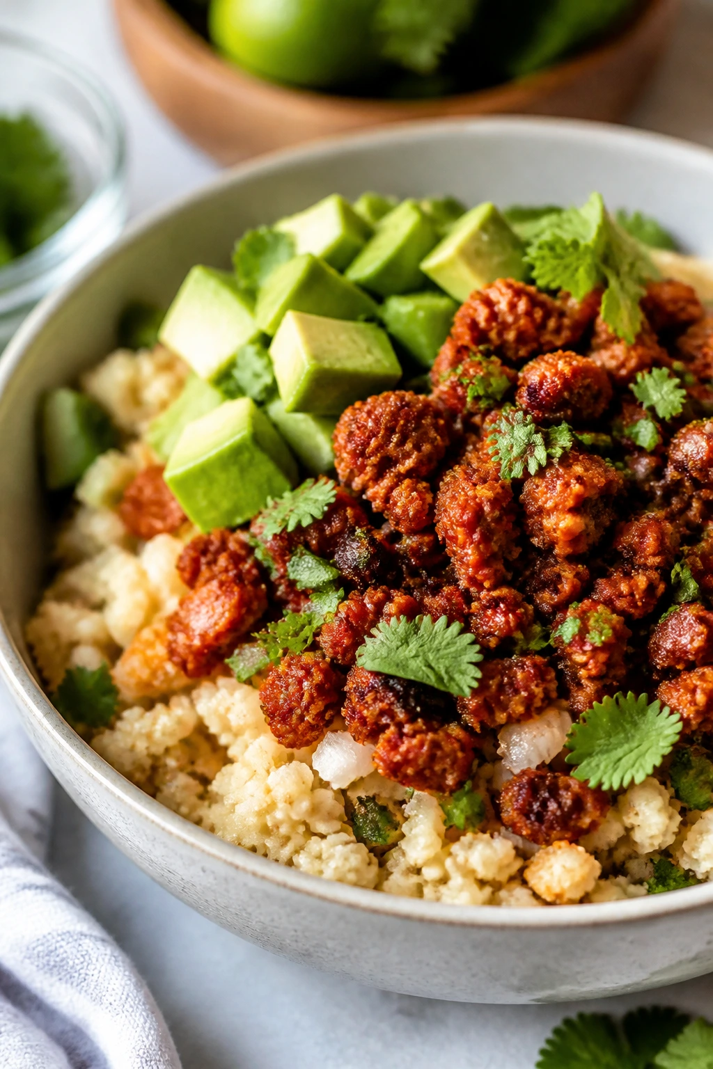 Close-up of chorizo atop cauliflower rice burrito bowl with avocado