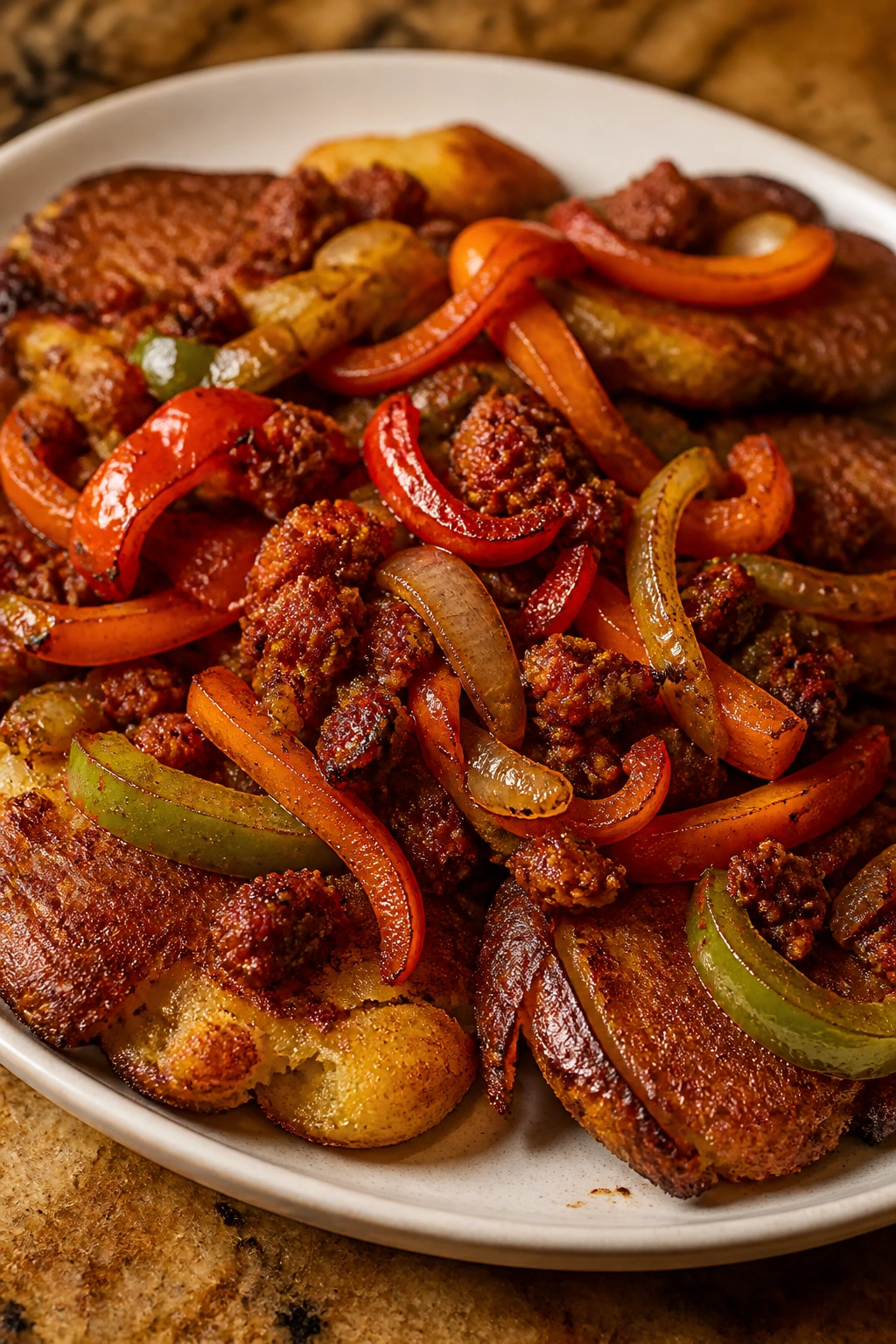 chorizo peppers onions on deep-browned smashed potatoes