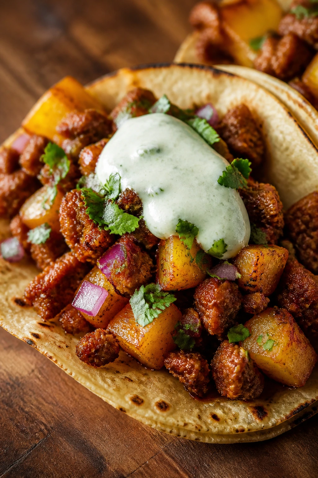 Close-up of a loaded taco with chorizo and potato, lime crema visible