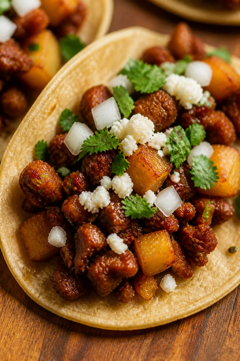 Close-up of chorizo and potato taco with cotija on a wooden table