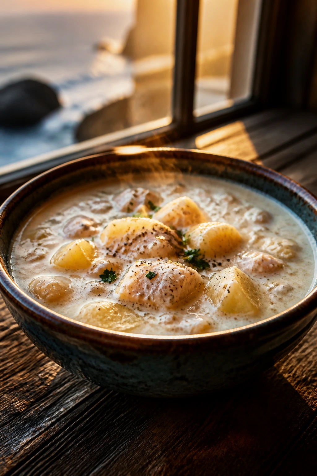 Steaming chowder bowl with potatoes and fish in a rustic setting.