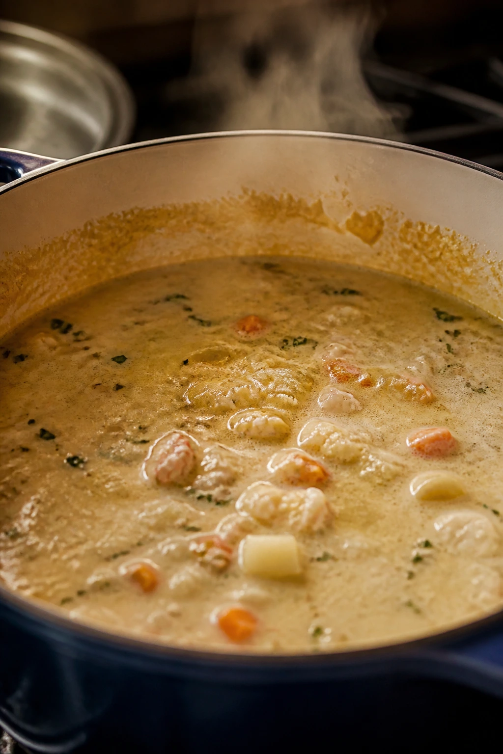 Close-up of chowder with separation in a pot, illustrating common cooking mistakes