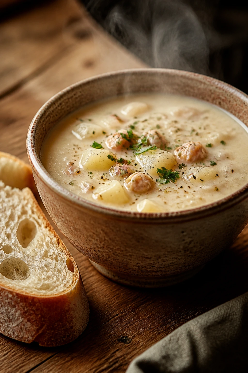 Chowder served in rustic bowl with bread.