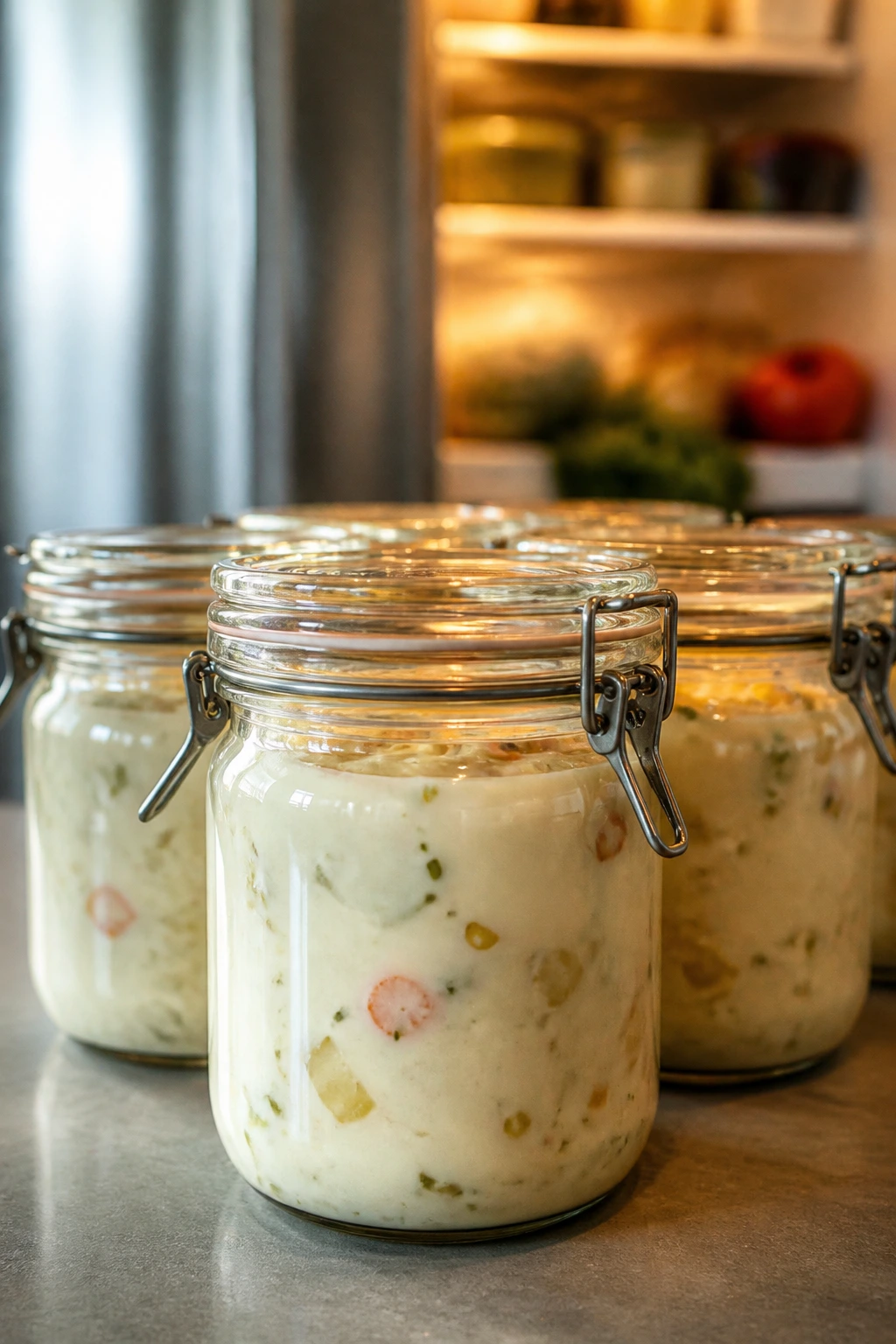 Close-up of glass chowder storage jars on kitchen counter illustrating make-ahead storage