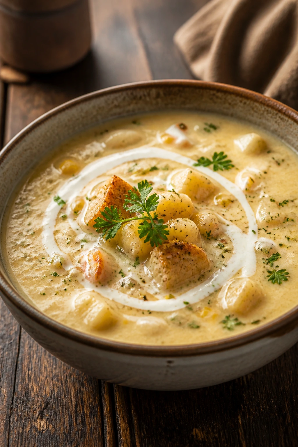 Close-up of a chowder bowl with dairy-free swirl and garnish suggesting variations