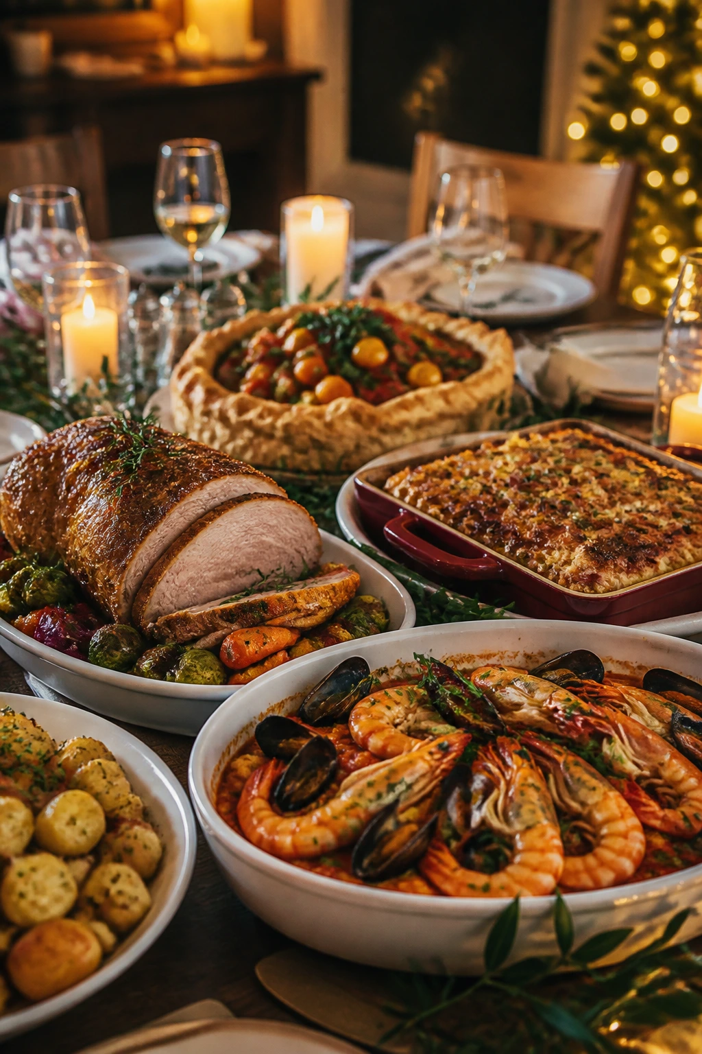 Warm Christmas Eve dinner table spread with varied mains