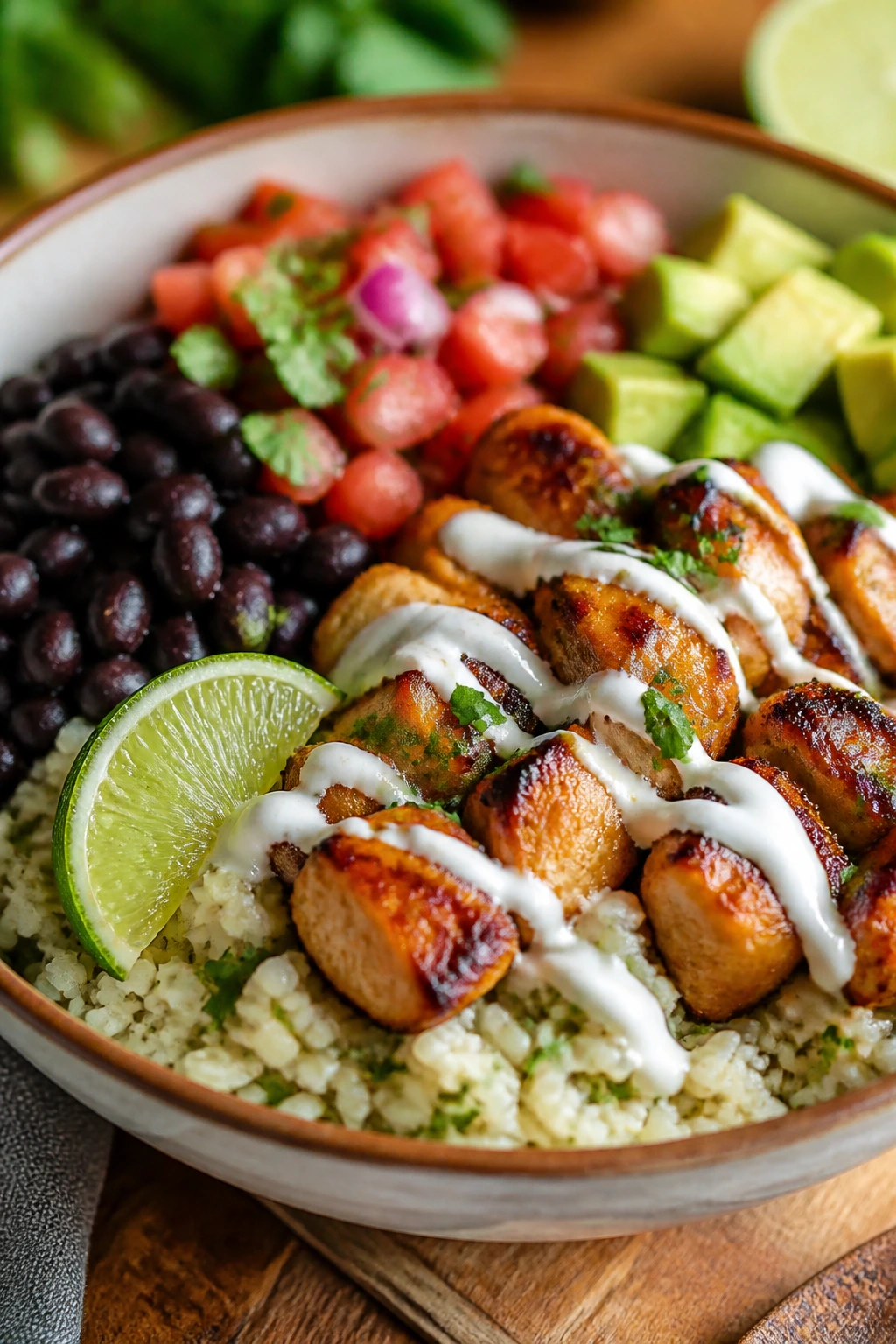 Close-up cilantro-lime chicken burrito bowl with lime rice and crema