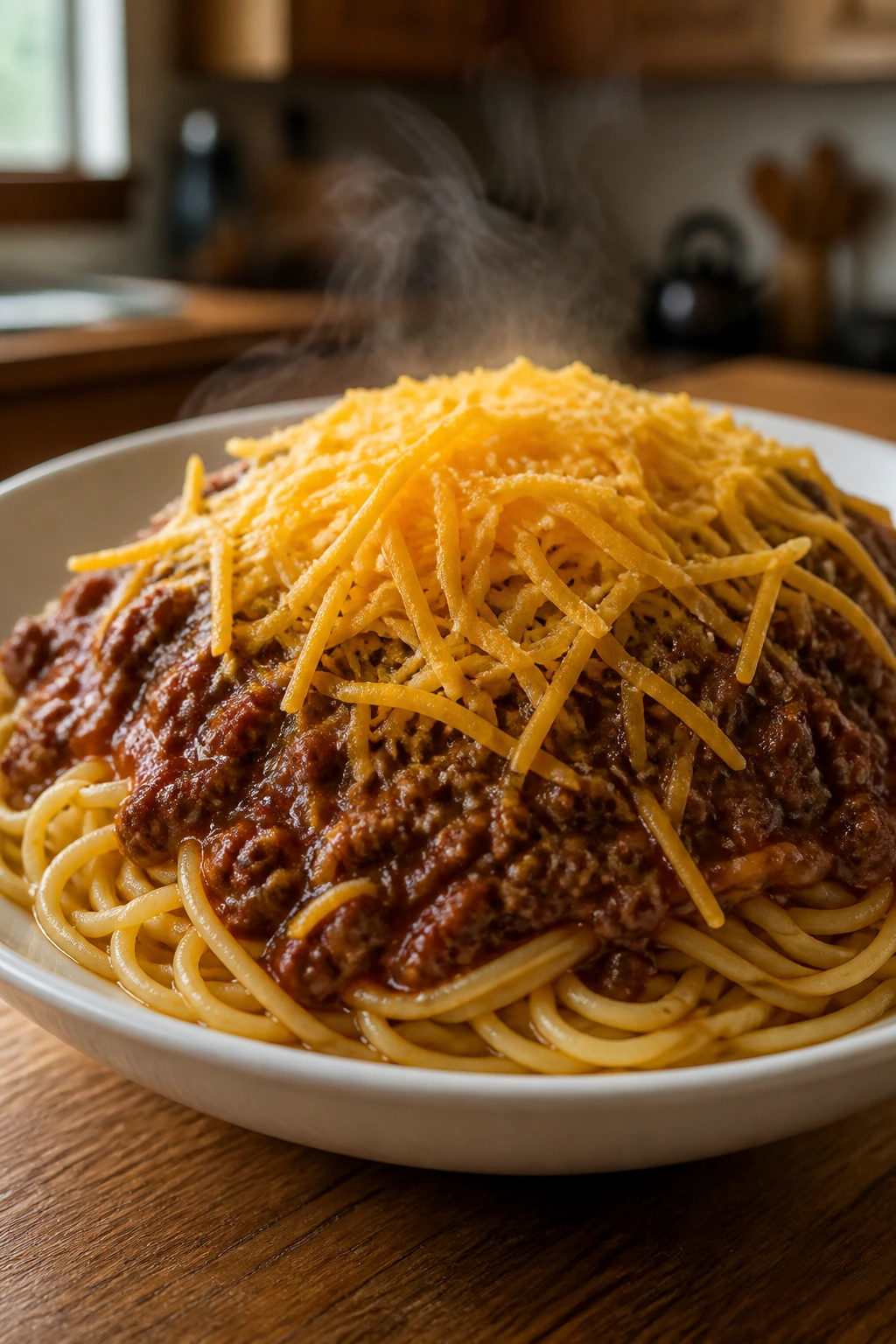 Close-up plate of Cincinnati-style chili spaghetti with cheese on top