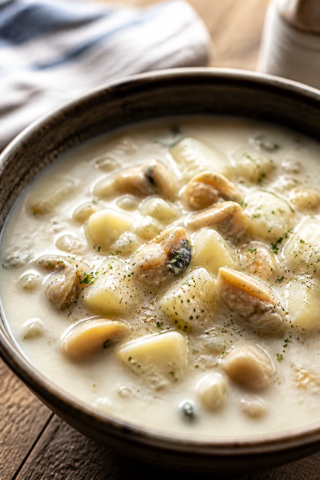Close-up of Classic New England Clam Chowder with potatoes and clams in a rustic bowl