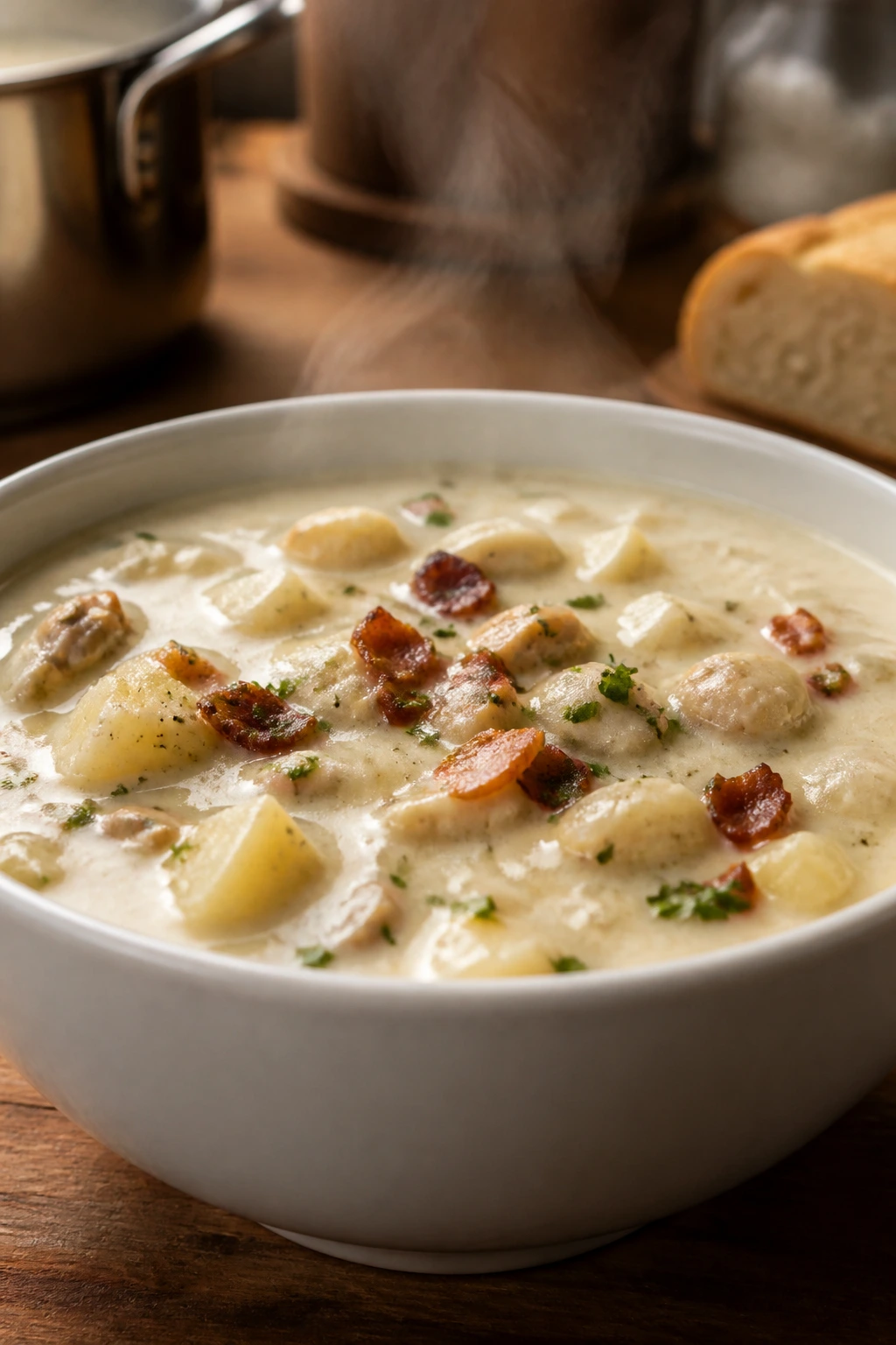 Creamy clam chowder with potatoes and bacon in a bowl.