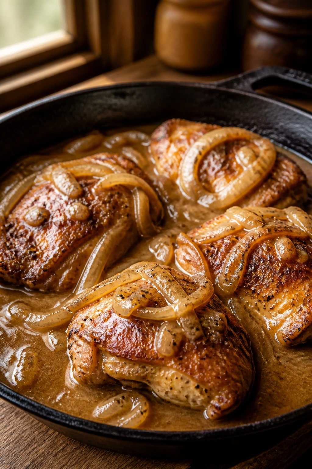 Close-up of classic southern smothered chicken with onion gravy
