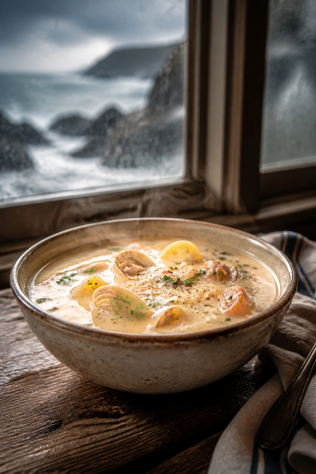 Close-up of a steaming chowder bowl on a weathered wooden table by a windy coast