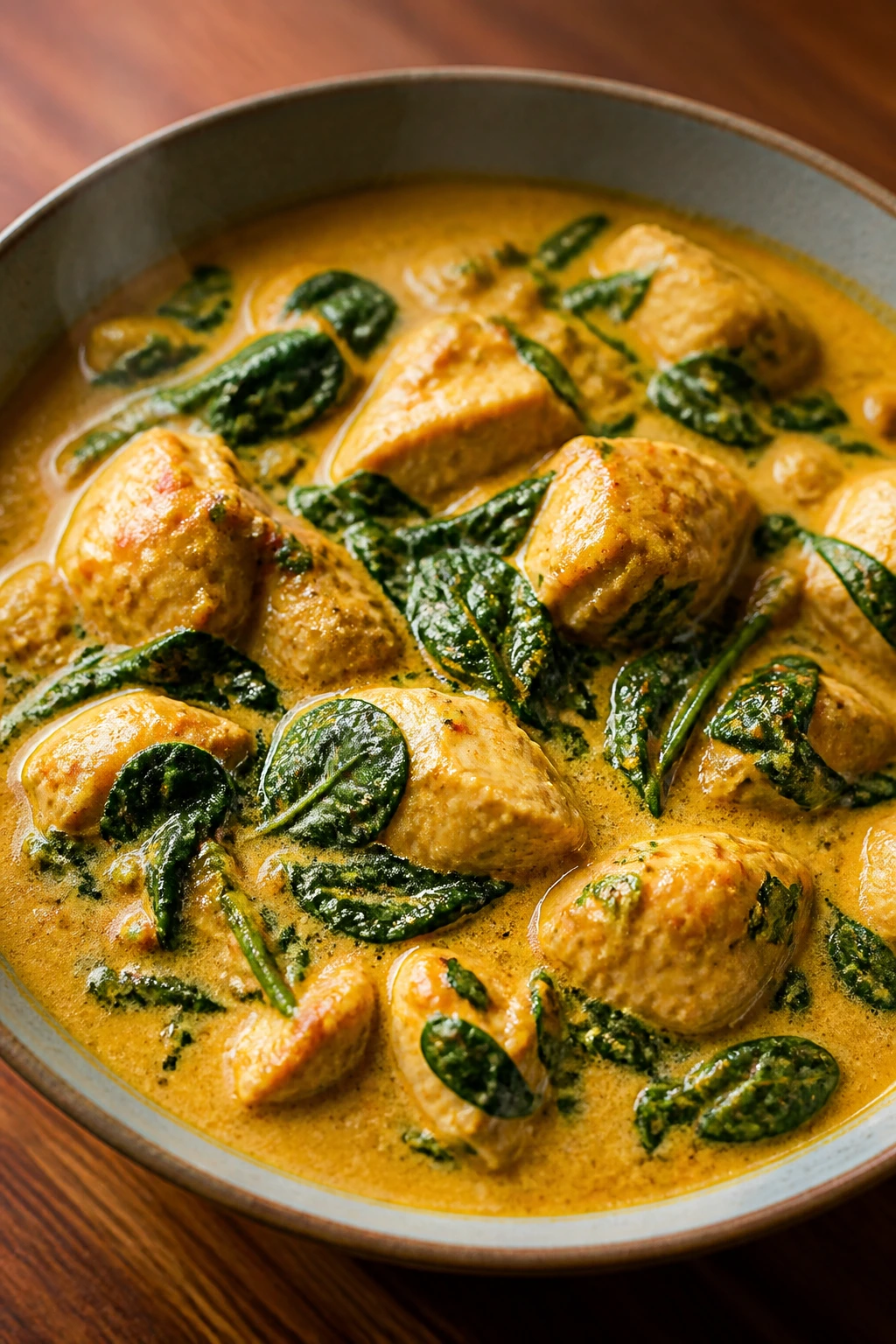 Close-up of coconut chicken curry with spinach in a bowl