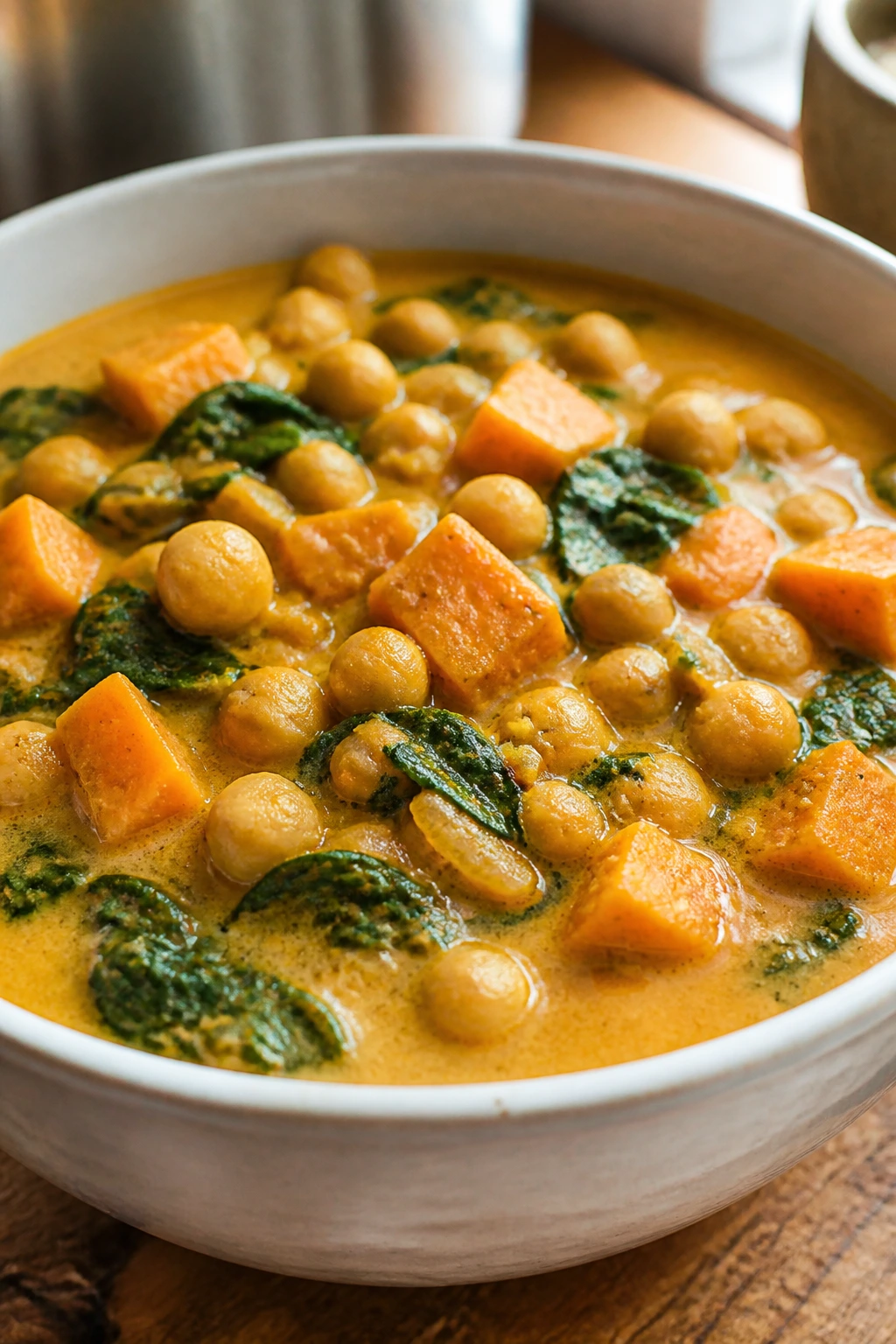 Close-up of creamy coconut chickpea curry with sweet potato in a bowl