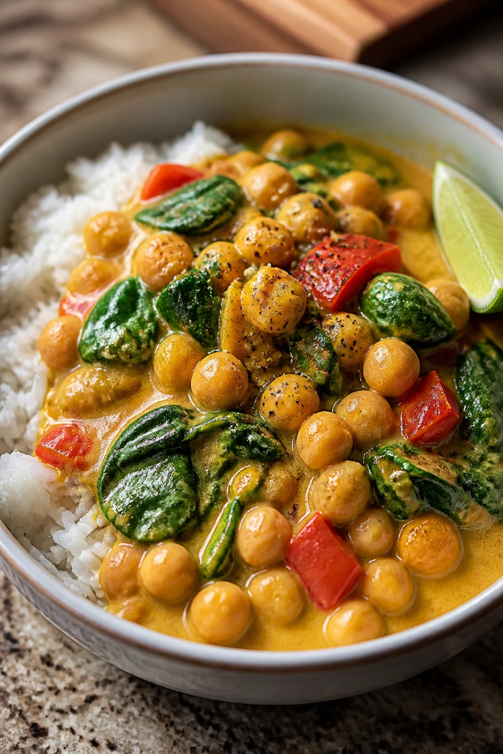 Close-up coconut chickpea curry rice bowl with spinach and peppers.
