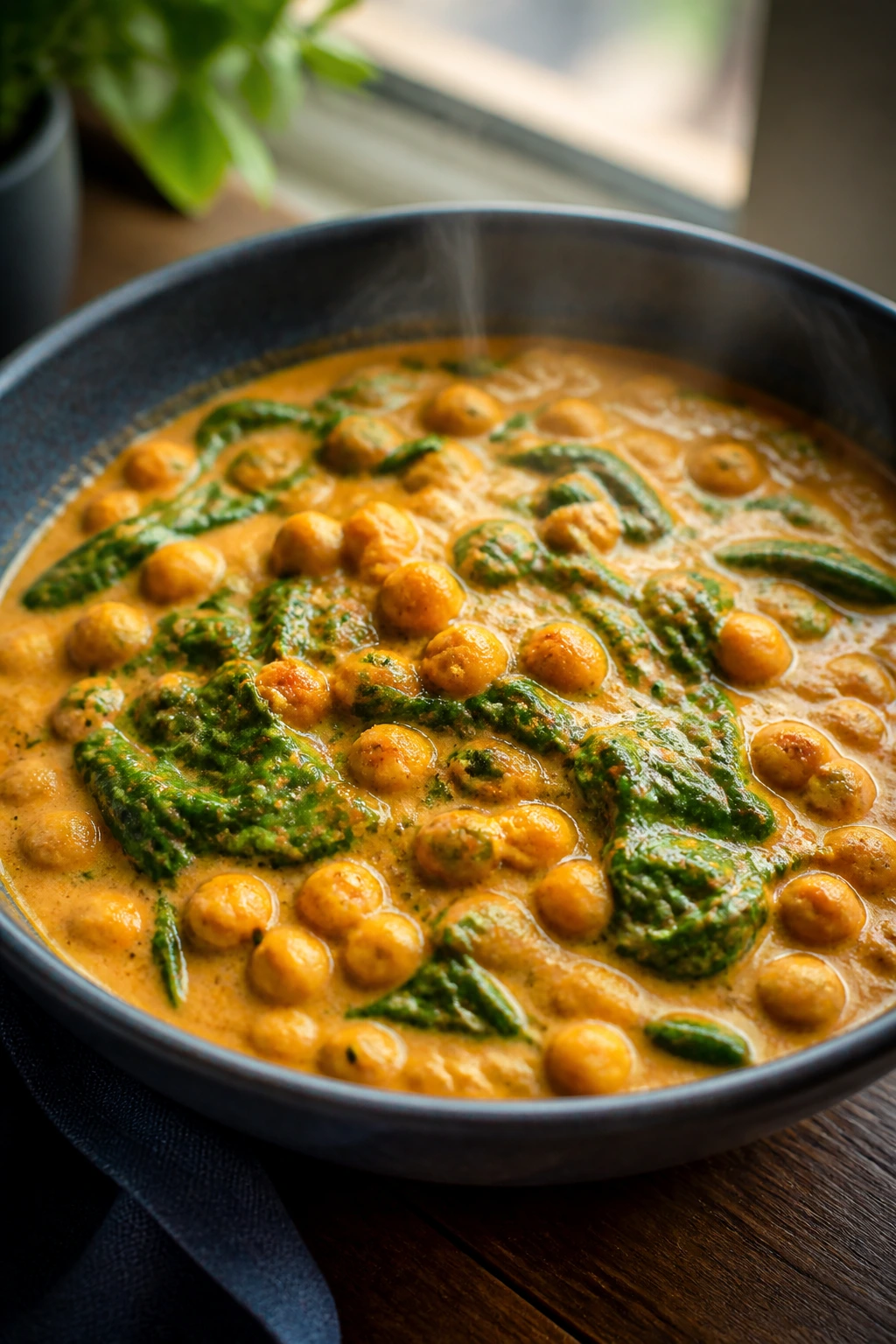 Bright coconut chickpea curry with spinach in a bowl