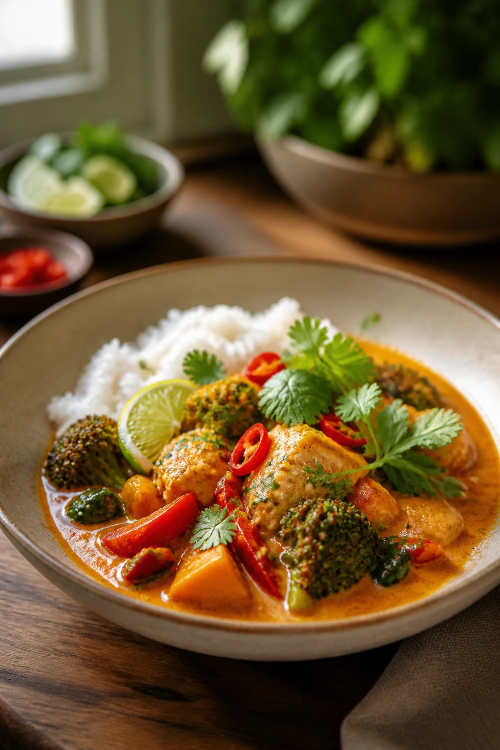 Coconut curry served in a wide shallow bowl with fresh herbs