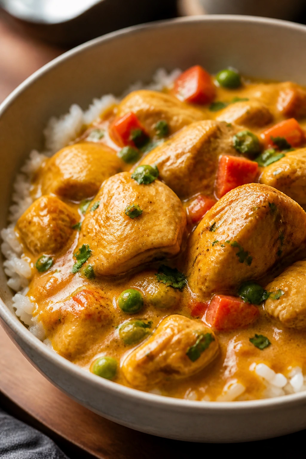 Close-up of coconut curry chicken in a bowl over rice