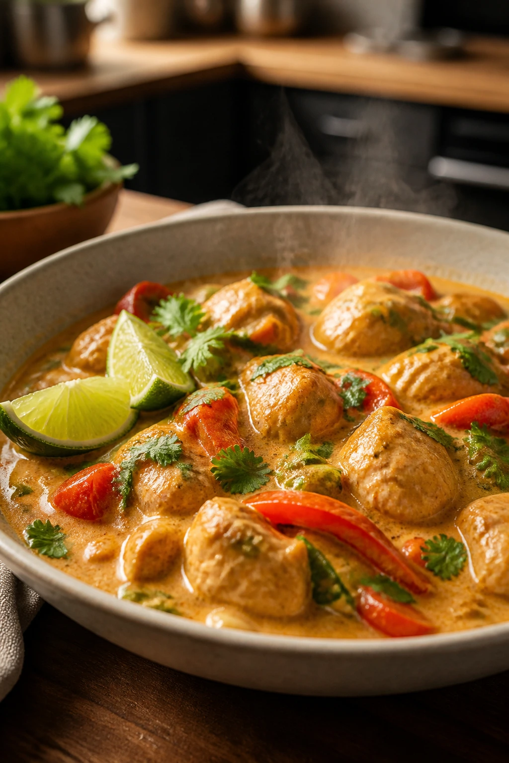Close-up of creamy coconut curry chicken with peppers in a bowl on a wooden table.