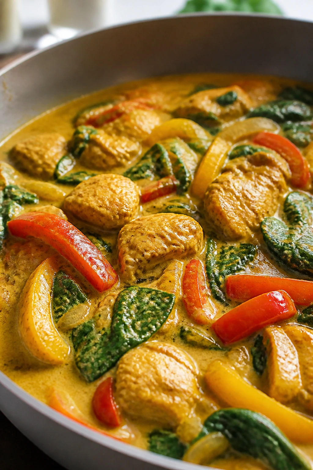 Creamy coconut curry with peppers and spinach in a bowl