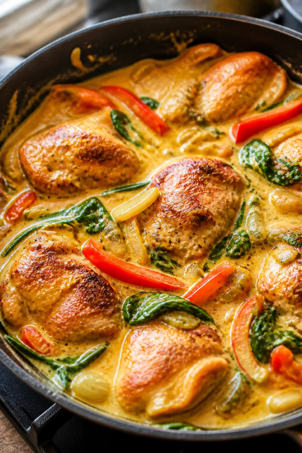 Close-up of boneless chicken thighs in coconut curry on a skillet