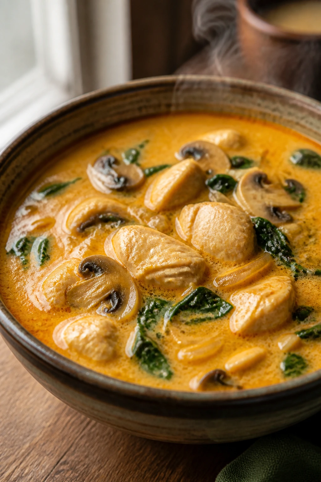 Creamy orange coconut curry chicken soup with chicken, mushrooms and spinach in a bowl.