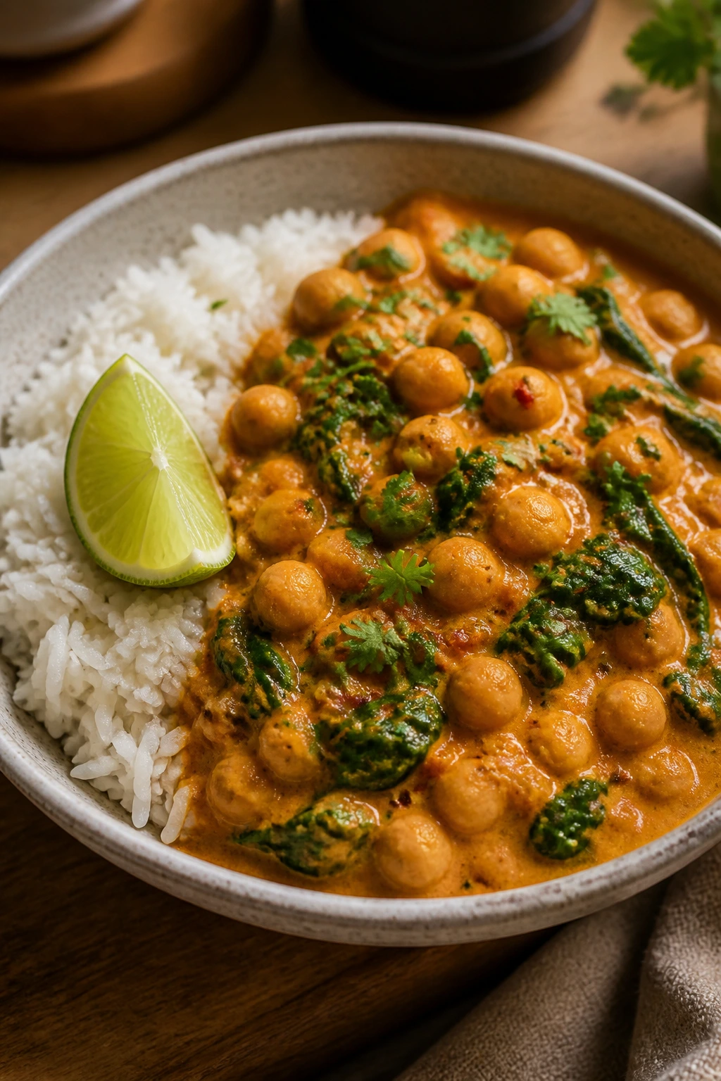 Creamy coconut chickpea curry with rice in a bowl