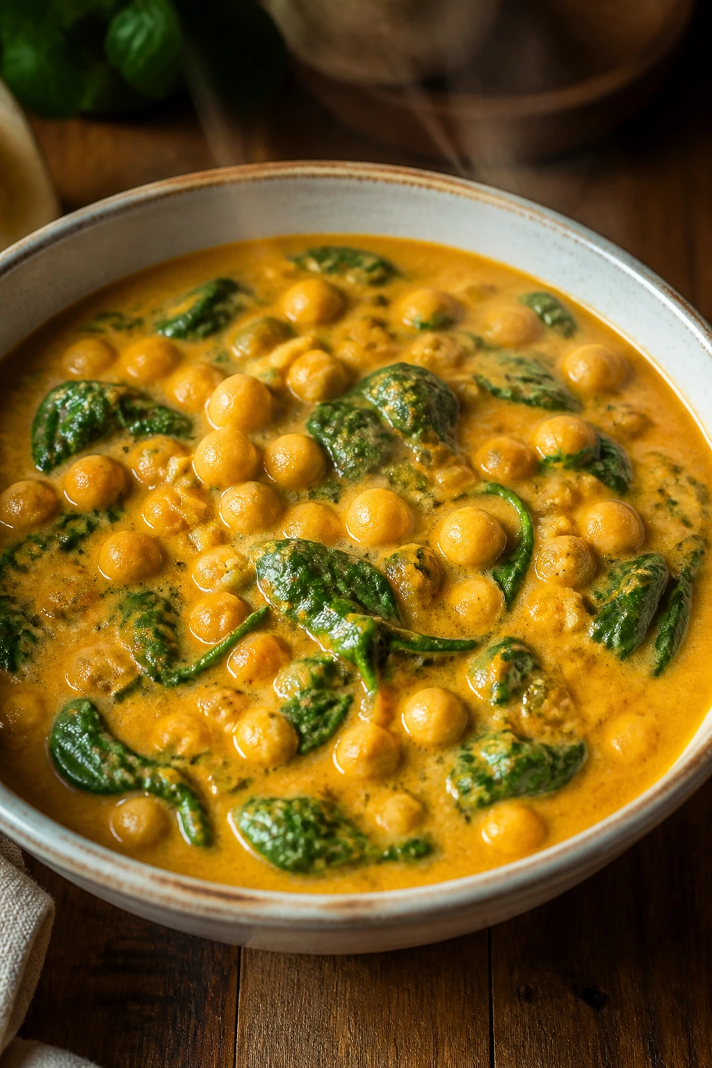 Close-up of coconut chickpea curry with spinach in a bowl.