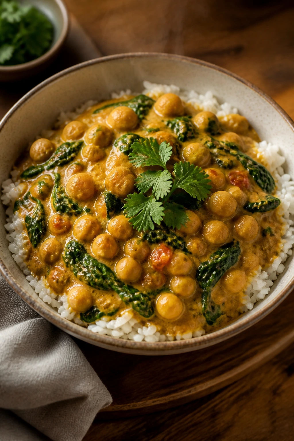 Bright coconut chickpea curry with spinach in a bowl over rice