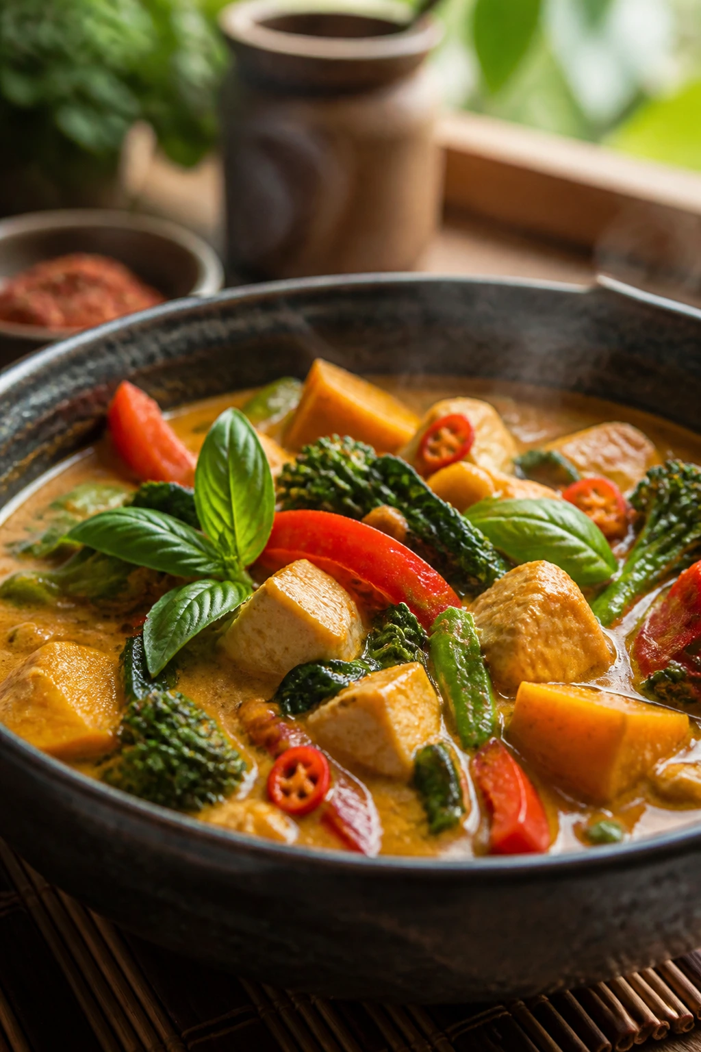 Close-up of a vibrant coconut curry bowl in a warm kitchen