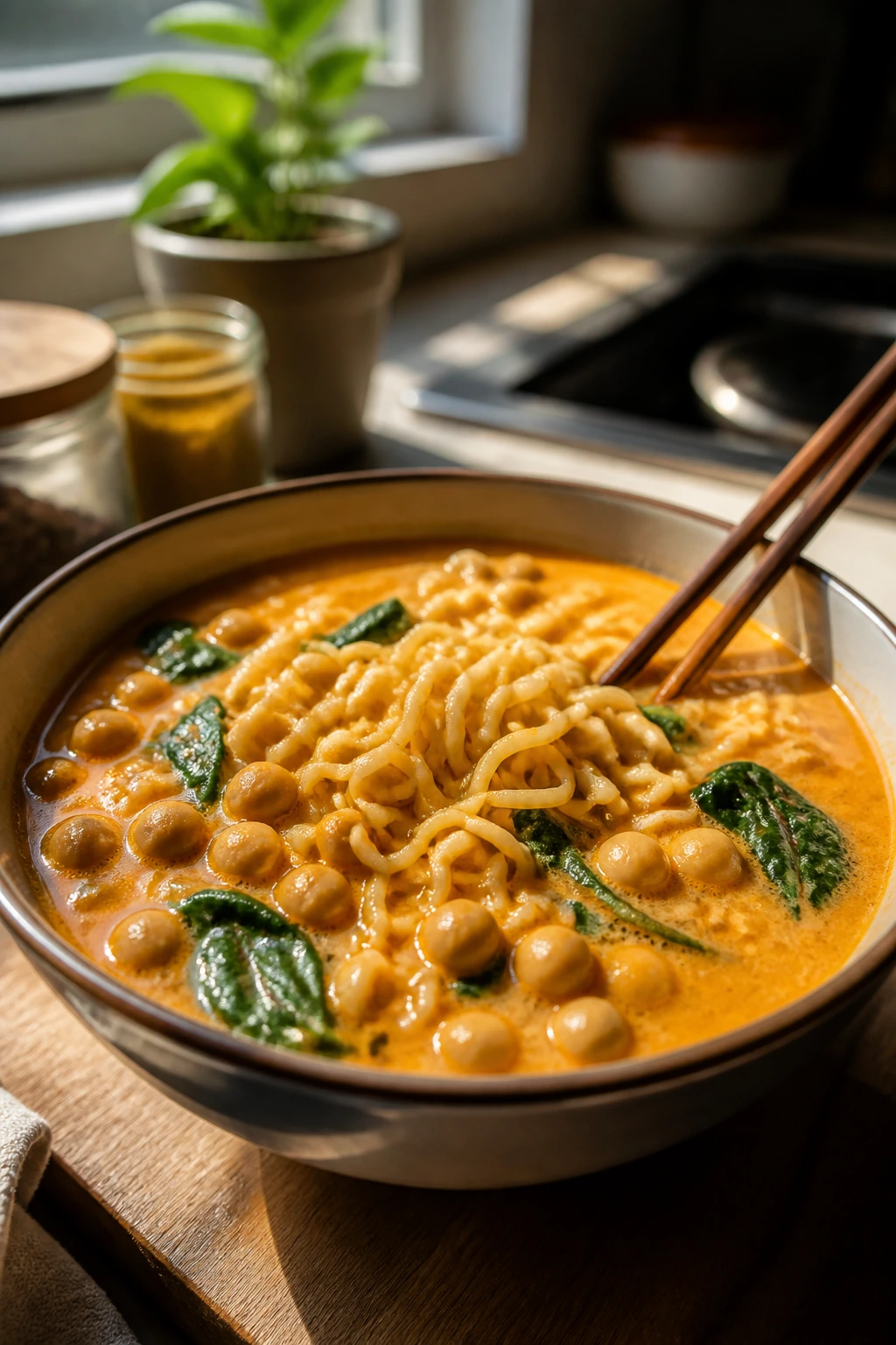 Creamy coconut curry ramen with spinach and chickpeas in a kitchen bowl