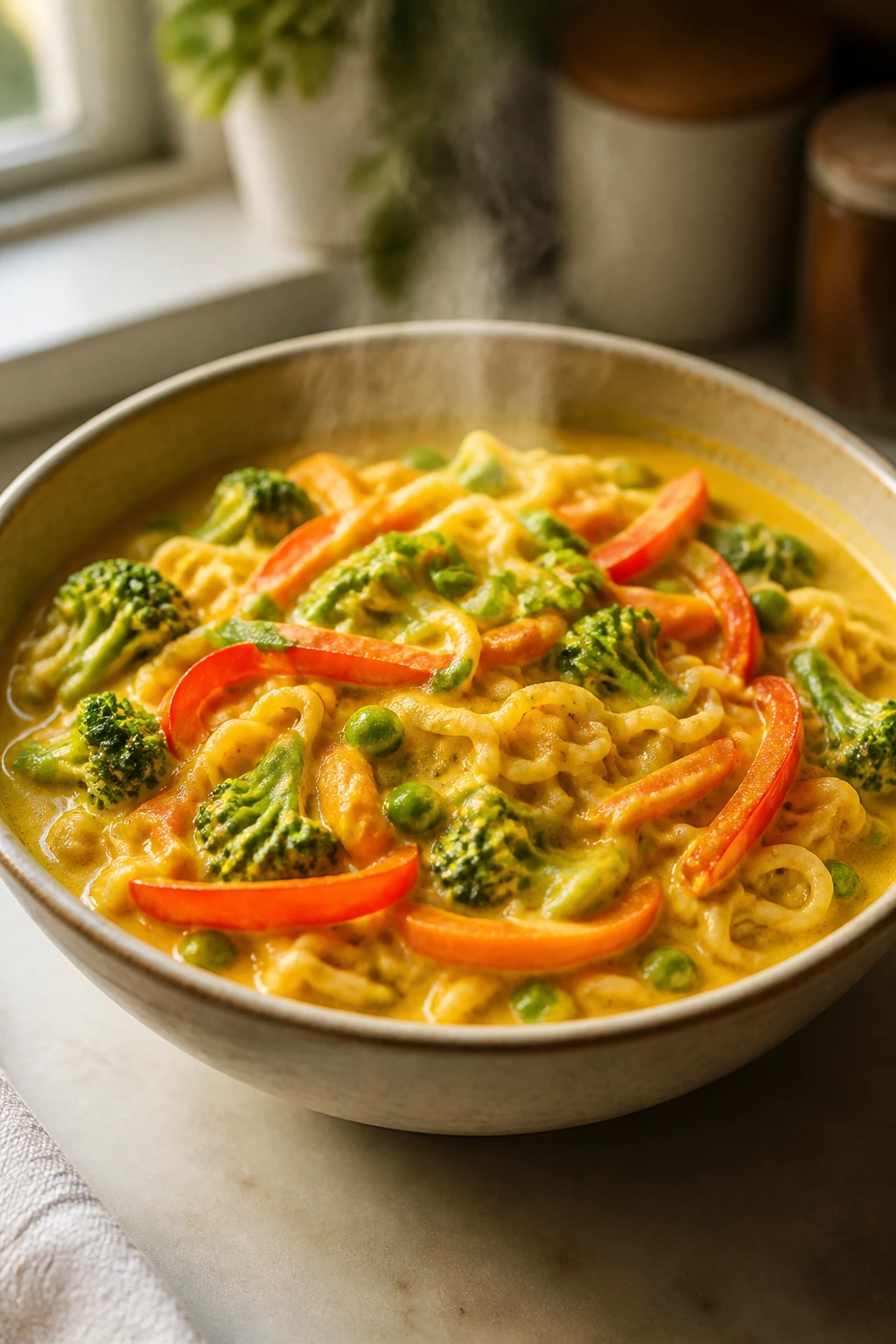 Creamy curry coconut veggie ramen in a bowl