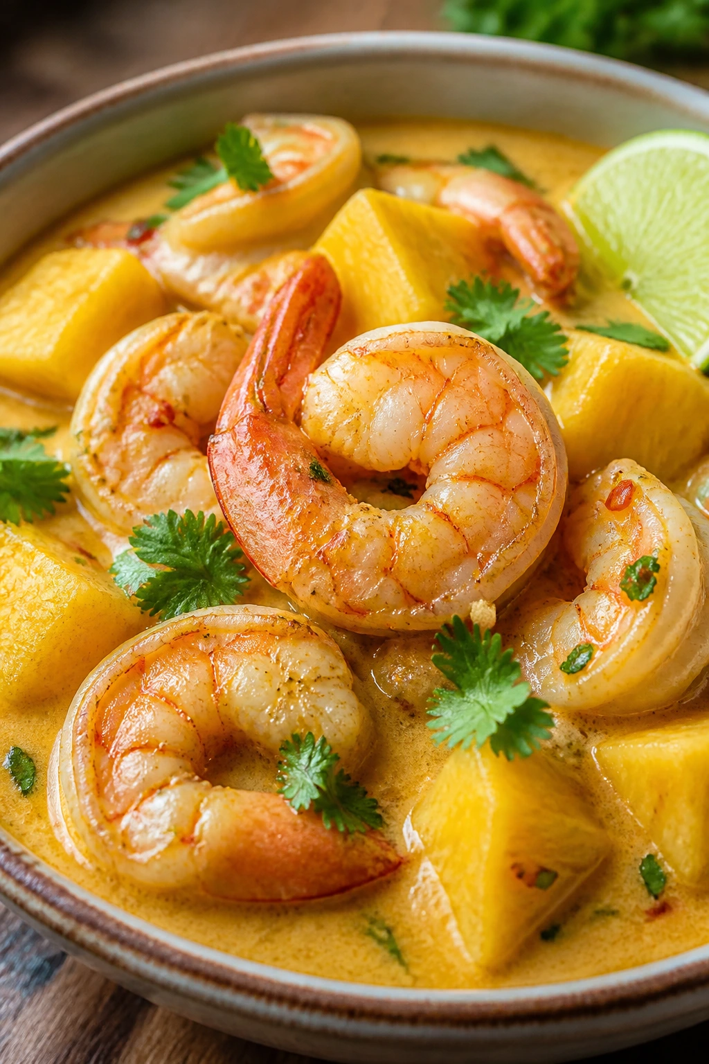 Close-up of shrimp in coconut curry with pineapple