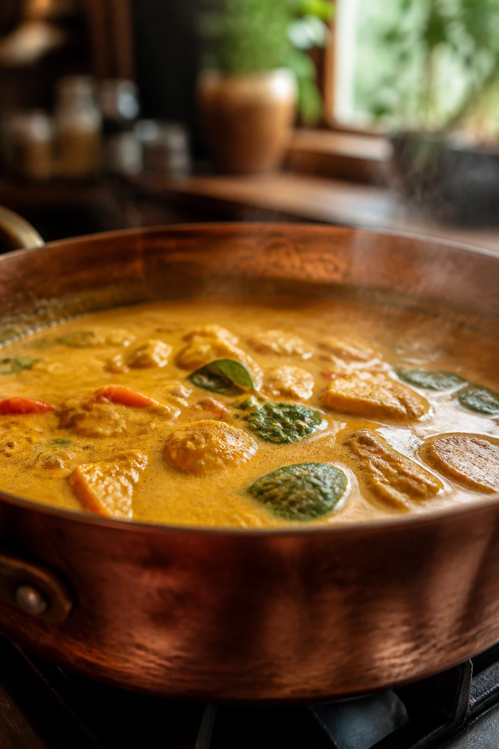 Close-up of glossy coconut curry sauce simmering in a pan with warm kitchen lighting